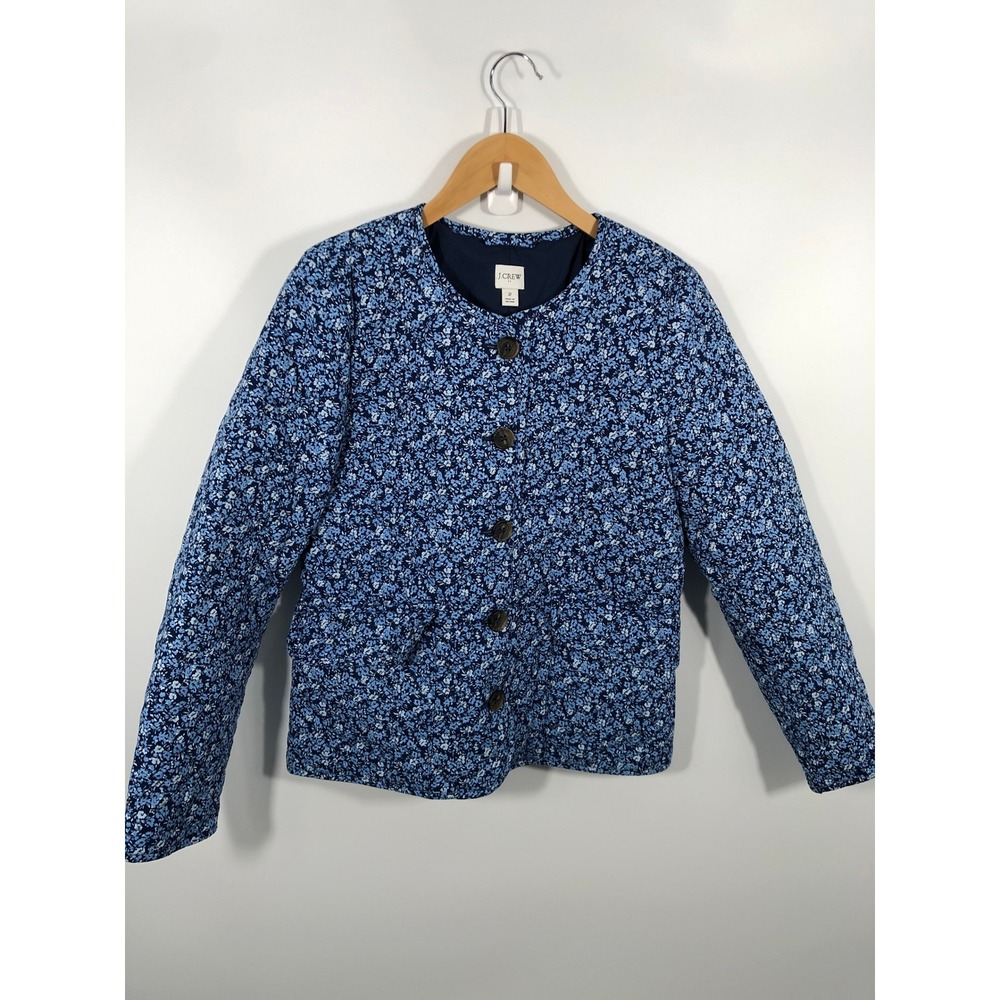 J Crew Quilted Jacket Coat Womens 2 Blue Floral Button Cottage Garden Grandma